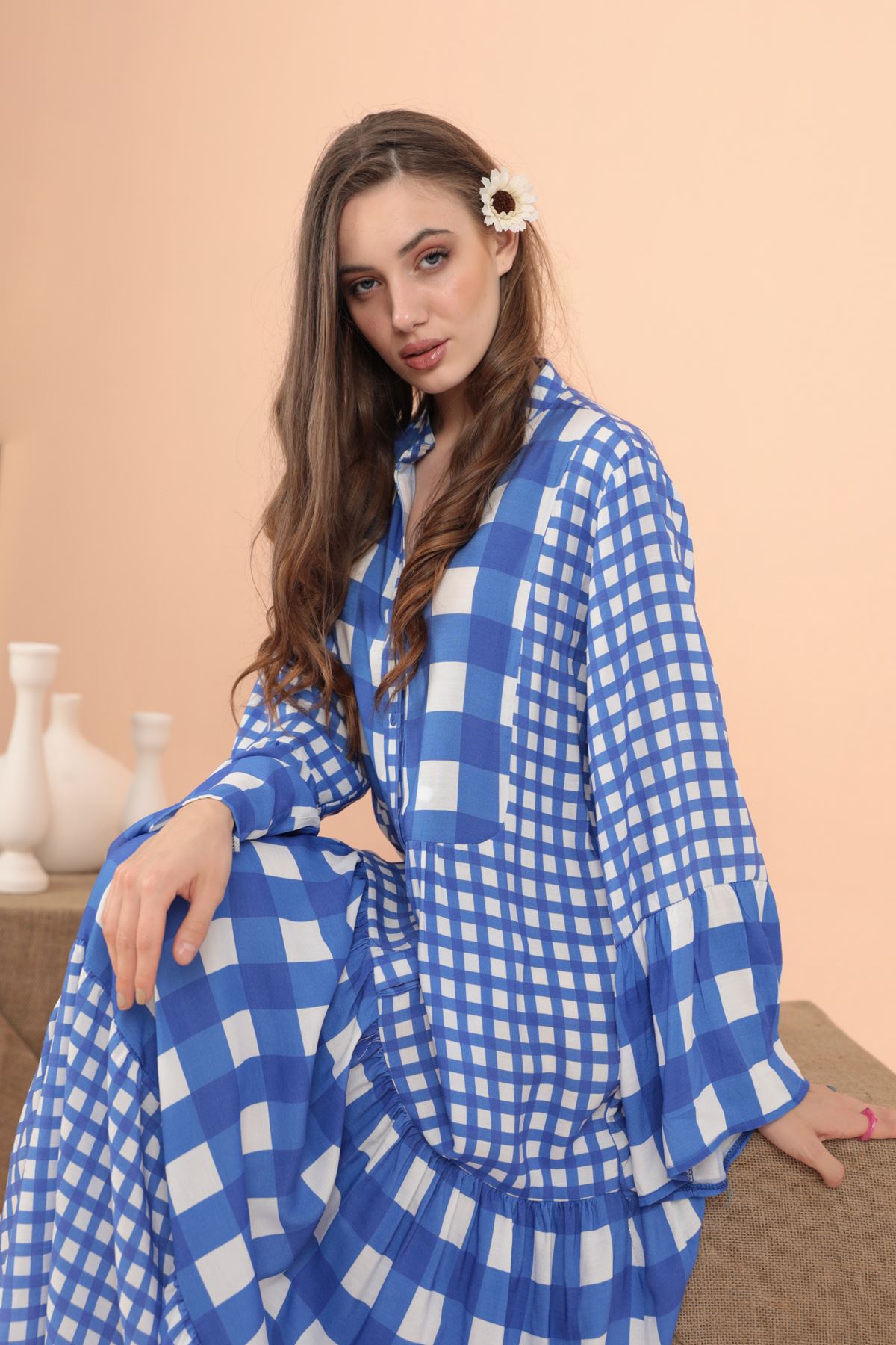 Viscose Fabric Garni Detail Long Checked Oversize Dress Blue Kakt S Moda