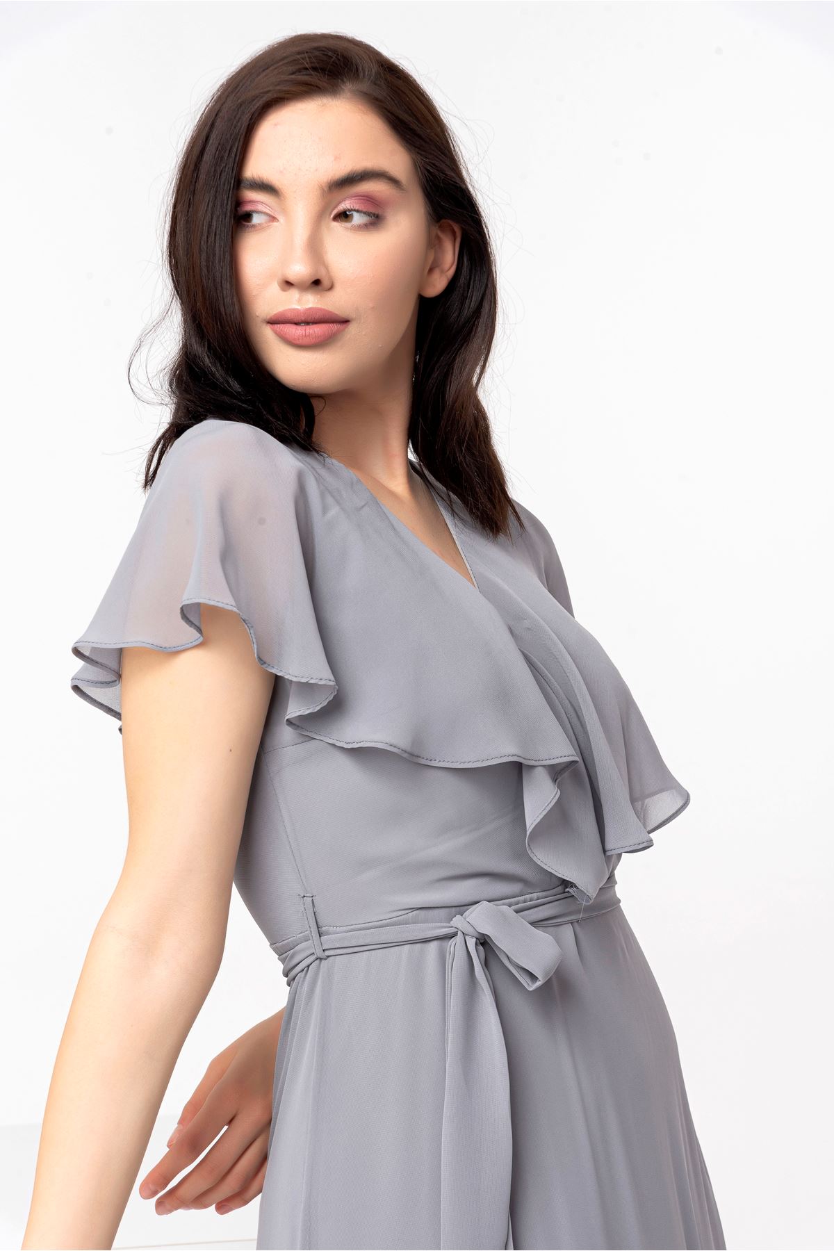 Chiffon Fabric Short Sleeve V-neck Midi Full Fit Women Dress - Grey