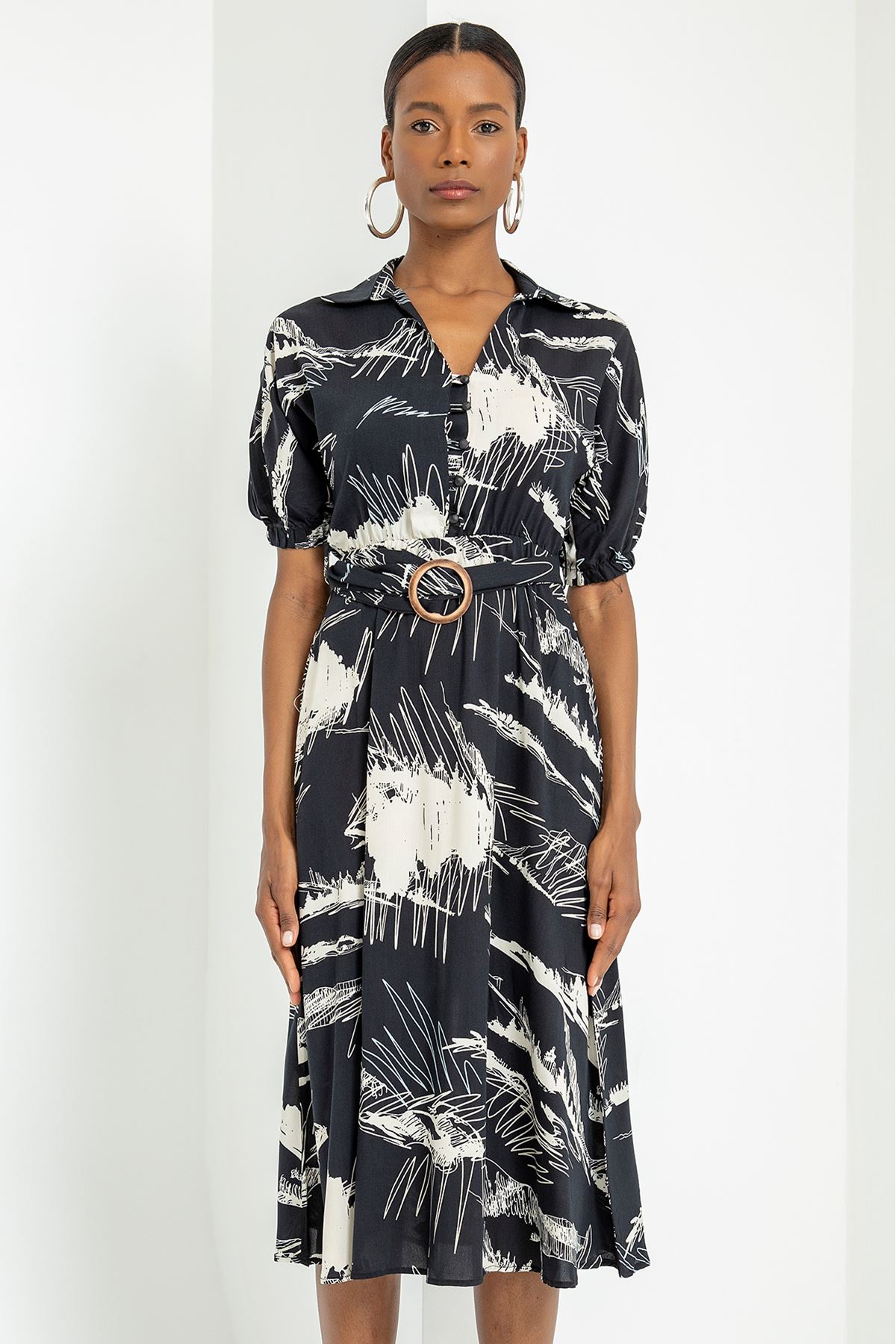 Viscose Fabric V-Neck Midi Mixed Print Women Dress With Belt - Black