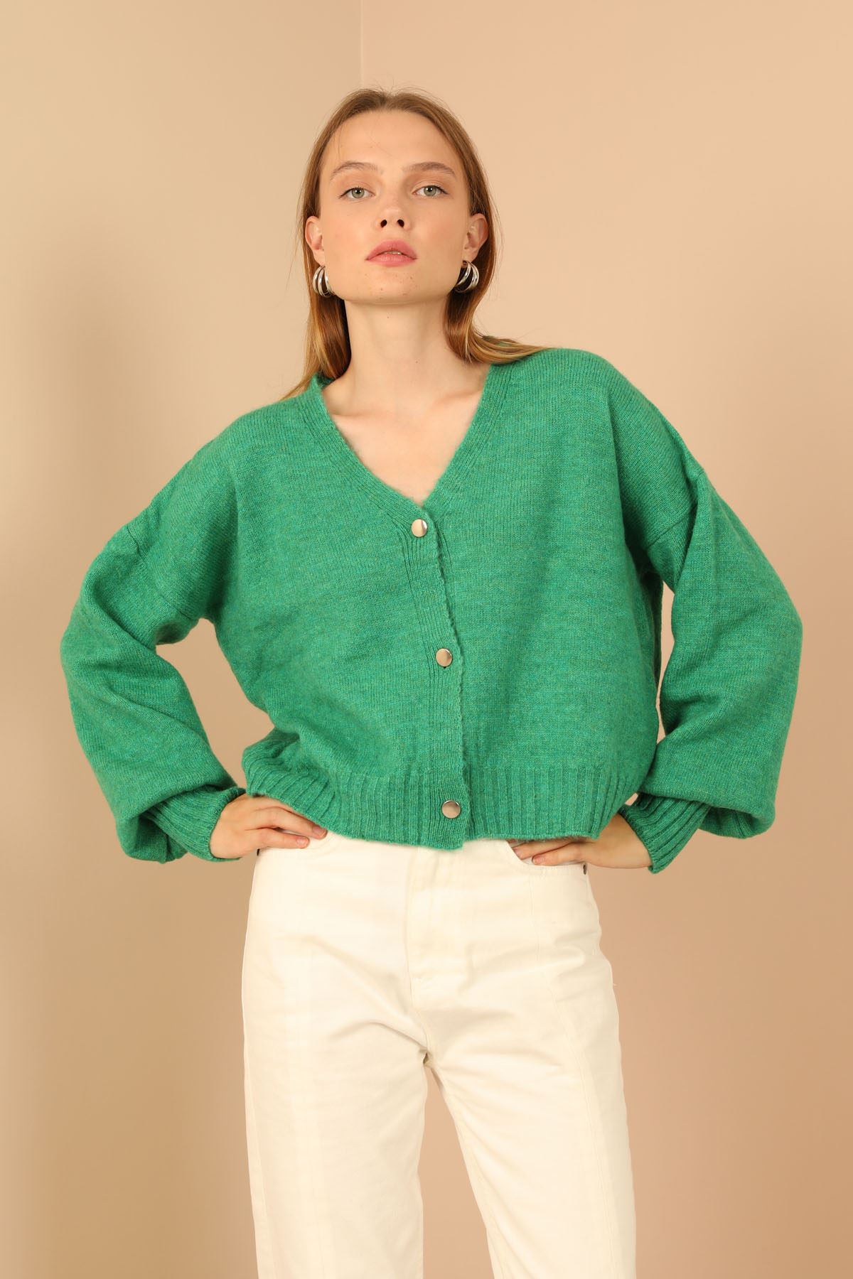 Knitwear Fabric Balloon Sleeve Short Women's Cardigan-Green