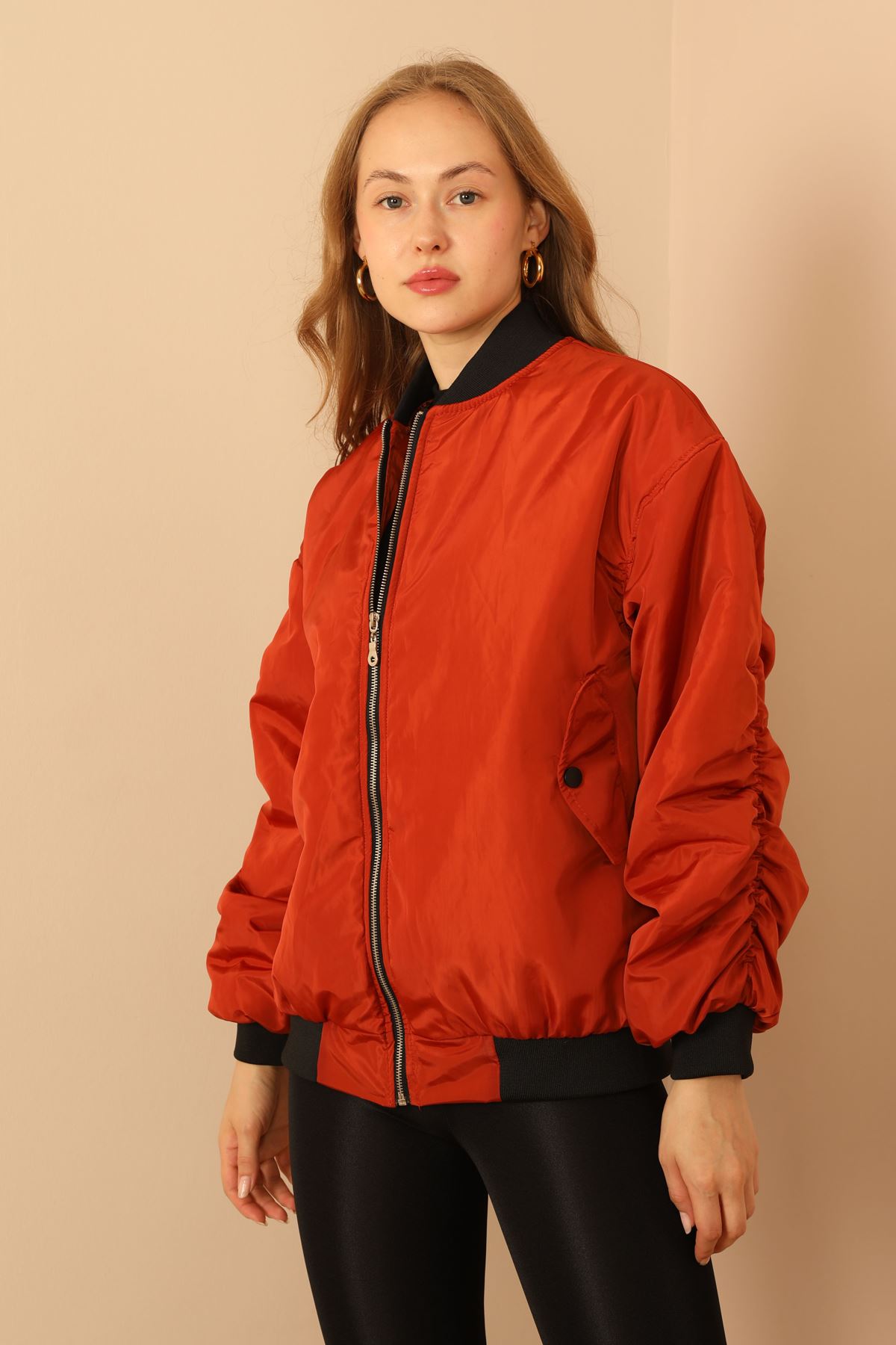 Memory Fabric Boyfriend Sleeve Pleated Bomber Women JacketBrick