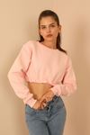 Knit Fabric Long Sleeve Bicycle Collar Shirred Front Women Crop - Light Pink