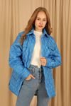 Quilted Fabric Double Stitch Pattern Women Coats-Blue