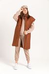 Quilted Fabric Sleeveless Hooded Knee Height Button Women Vest - Light Brown