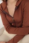 Camisole Fabric Crop Zipper Women's Cardigan-Camel Brown