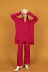 Women's Knitwear Suit with Shirt Collar-Fuchsia