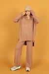 Women's Knitwear Suit with Shirt Collar-Light Brown