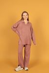 Women's Knitwear Suit with Shirt Collar-Light Pink