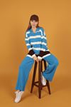 Tricot Fabric Striped Women's Suit-Blue