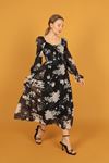 Floral Pattern Square Neck Chiffon Dress-Black