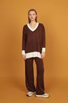 V Neck Women's Knitwear Suit-Brown