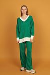 V-Neck Women's Green Knitwear Suit