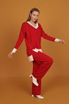 V Neck Women's Knitwear Suit-Red