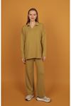 Women's Knitwear Suit with Shirt Collar-Oil Green