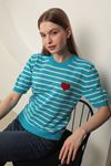 Knitwear Fabric Women's Short Sleeve Blouse-Turquoise