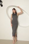 Knitwear Fabric Women's Crew Neck Dress-Anthracite 