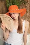 Women's Hat with Pearls On Straw-Orange