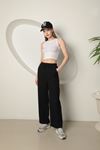 Muslin Fabric Wide Leg Women's Trousers-Black