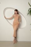 Knitwear Fabric Drawstring Halter Neck Women's Dobby Dress-Beige