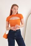 Camisole Fabric Front Window Short Sleeve Women's Blouse-Orange