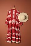 Viscose Fabric Ethnic Pattern Women's Shirt Dress-Red