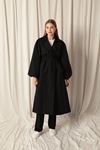 Woven Fabric Liquid Proof Tie Detailed Women's Black Trench Coat