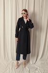 Woven Fabric Waterproof Buttoned Women's Navy Blue Trench Coat