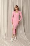 Knitwear Fabric Buttoned Women's Pink Dress