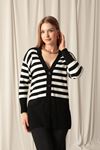 Knitwear Fabric Striped Women's Black Cardigan