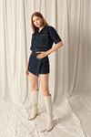 Denim Fabric Short Pocket Women's Navy Blue Jacket