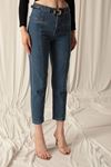 Denim Fabric Belted Mom Women Blue Jeans