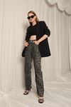 Denim Fabric Straight Leg Leopard Pattern Black Trousers