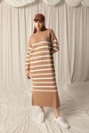 Knit Fabric Turtleneck Striped Camel Dress