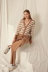 Knitwear Fabric Striped Women's Cardigan Camel Set