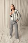 Knitwear Fabric Striped Women's Cardigan Gray Suit