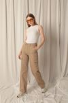 Denim Fabric Cargo Pocket Women's Beige Trousers