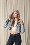 Denim Fabric Hooded Short Women's Light Blue Denim Jacket