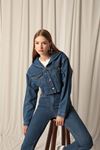 Denim Fabric Hooded Short Women's Navy Blue Jeans Jacket