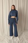 Knit Fabric Finger-Slotted Plain Women's Indigo Suit