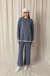 Knit Fabric Plain Collar Thick Striped Women's Indigo Suit