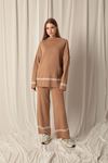 Knitwear Fabric Half Turtleneck Thin Striped Women's Tan Suit