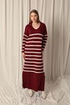 Knit Fabric Striped Shirt Collar Burgundy Dress