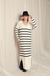 Knit Fabric Striped Shirt Collar Ecru Dress