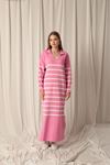 Striped Shirt Collar Pink Dress with Knitwear Fabric