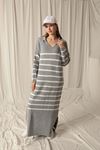 Knit Fabric Striped Shirt Collar Gray Dress