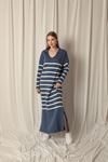 Knit Fabric Striped Shirt Collar Indigo Dress