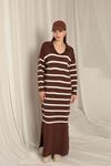 Knitwear Fabric Striped Shirt Collar Brown Dress