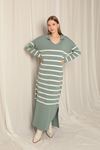 Knit Fabric Striped Shirt Collar Mint/Ecru Dress