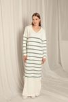 Knit Fabric Striped Shirt Collar Ecru/Mint Dress