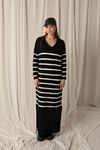 Knit Fabric Striped Shirt Collar Black Dress